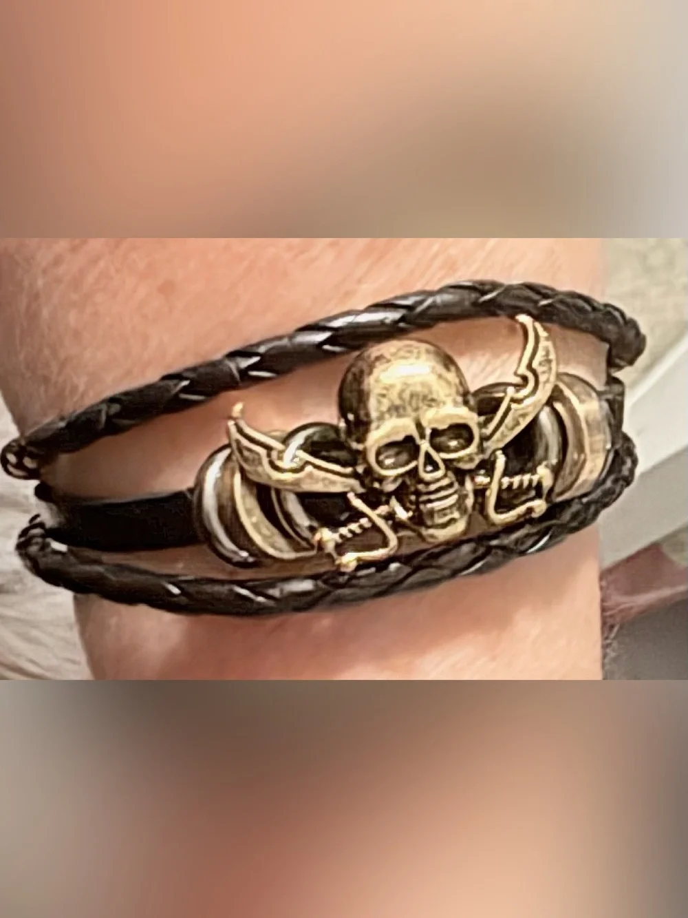 Black Leather Skull & Crossbones Men’s or women’s adjustable Bracelet